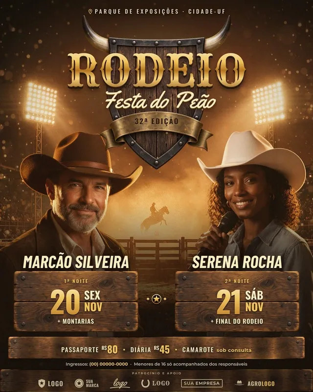 Rodeio e Festa do Peão 32ª edição: arena noturna com refletores, cavaleiro na poeira e 2 noites (flyer A5 + feed + story + banner)