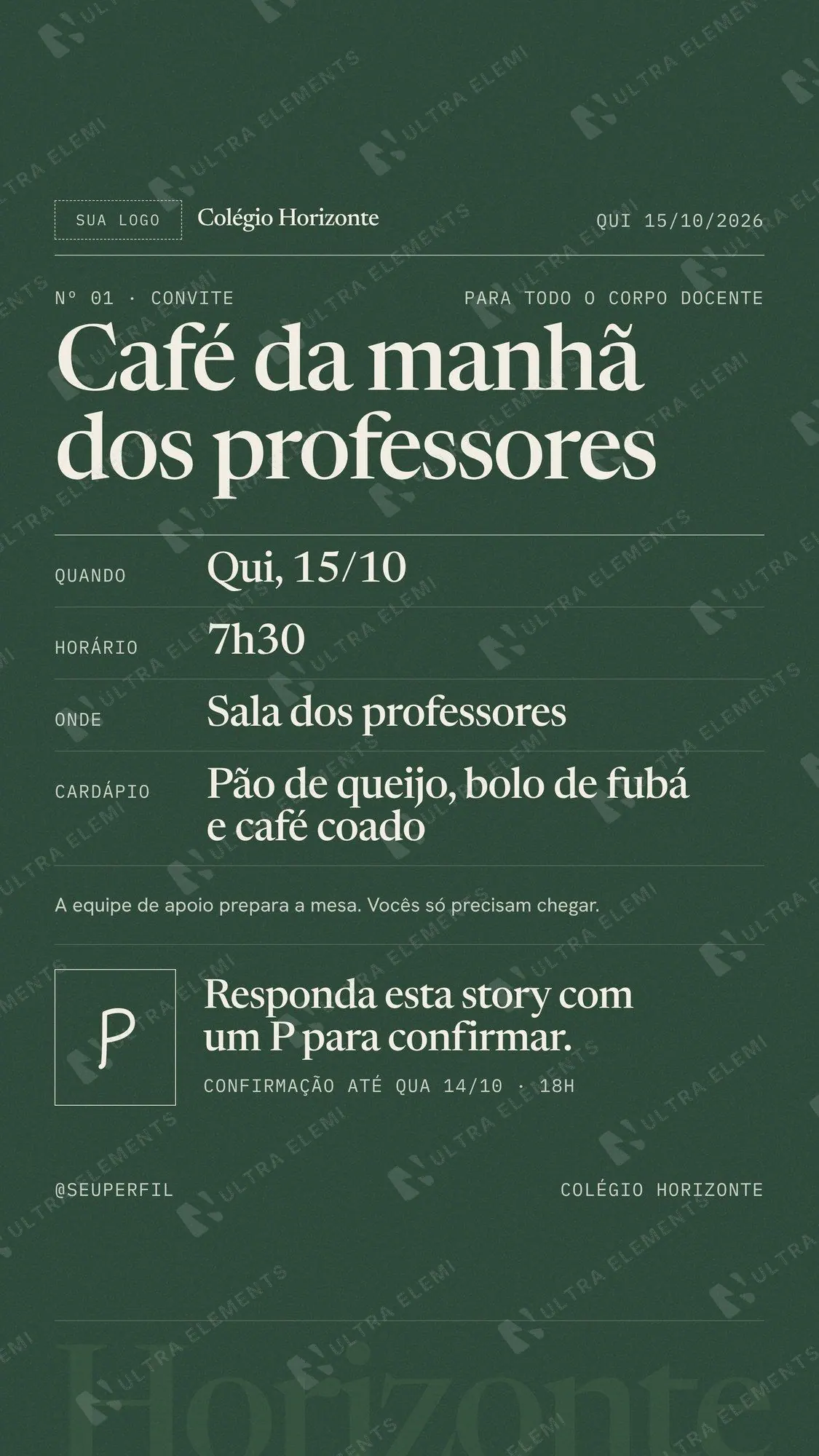 Story convite café da manhã dos professores 15/10 em verde-garrafa