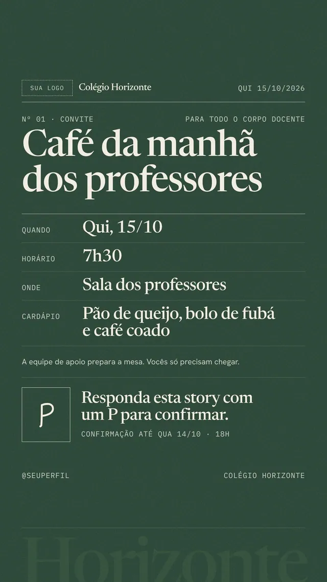 Story convite café da manhã dos professores 15/10 em verde-garrafa