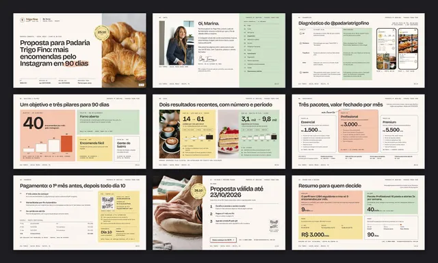 Proposta comercial de social media com 3 pacotes: 14 páginas em 16:9 e A4 com Pix Automático, cartão 12x e aceite