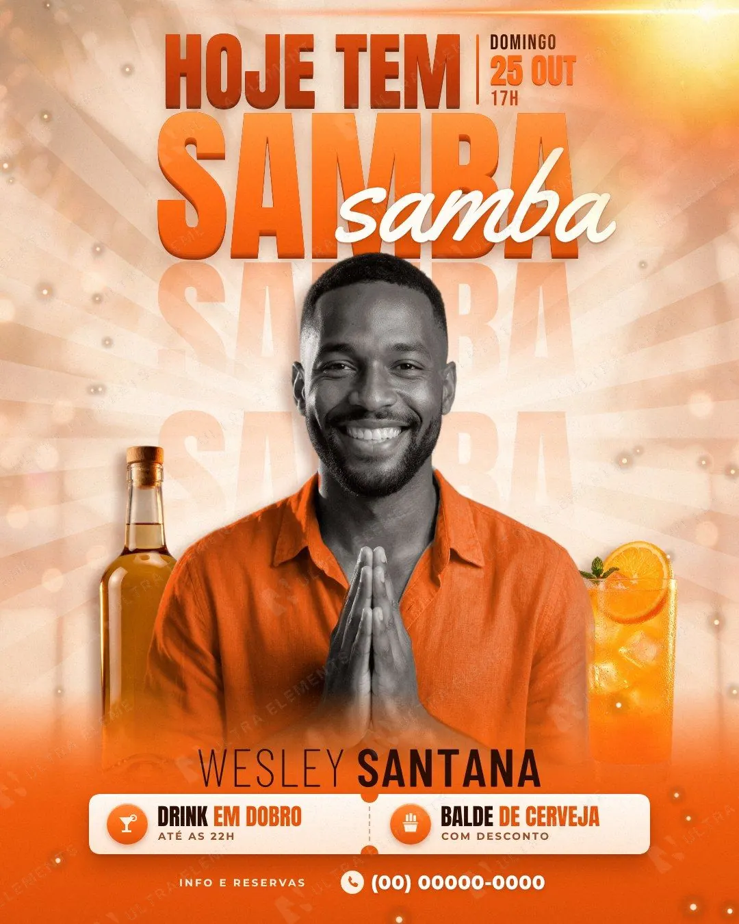 Hoje tem Samba: cantor em P&B com camisa laranja, mãos em prece, garrafa e drink sob raios de sol (story + feed) — imagem 1 de 3