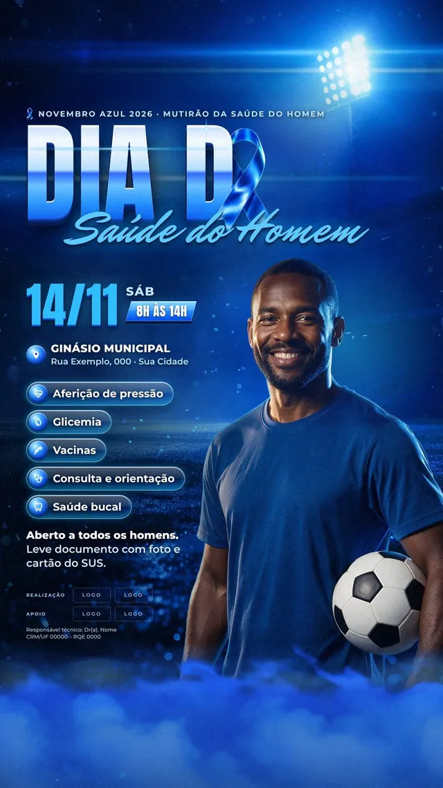 Banner Novembro Azul Dia D Saúde do Homem na arena: refletores azuis, laço 3D de cetim e atleta recortado (telão, site, feed e story)