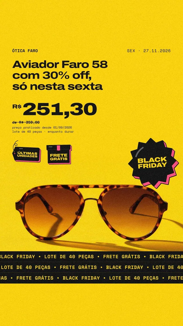 Story Black Friday para ótica: óculos aviador com selos 3D e preço de/por