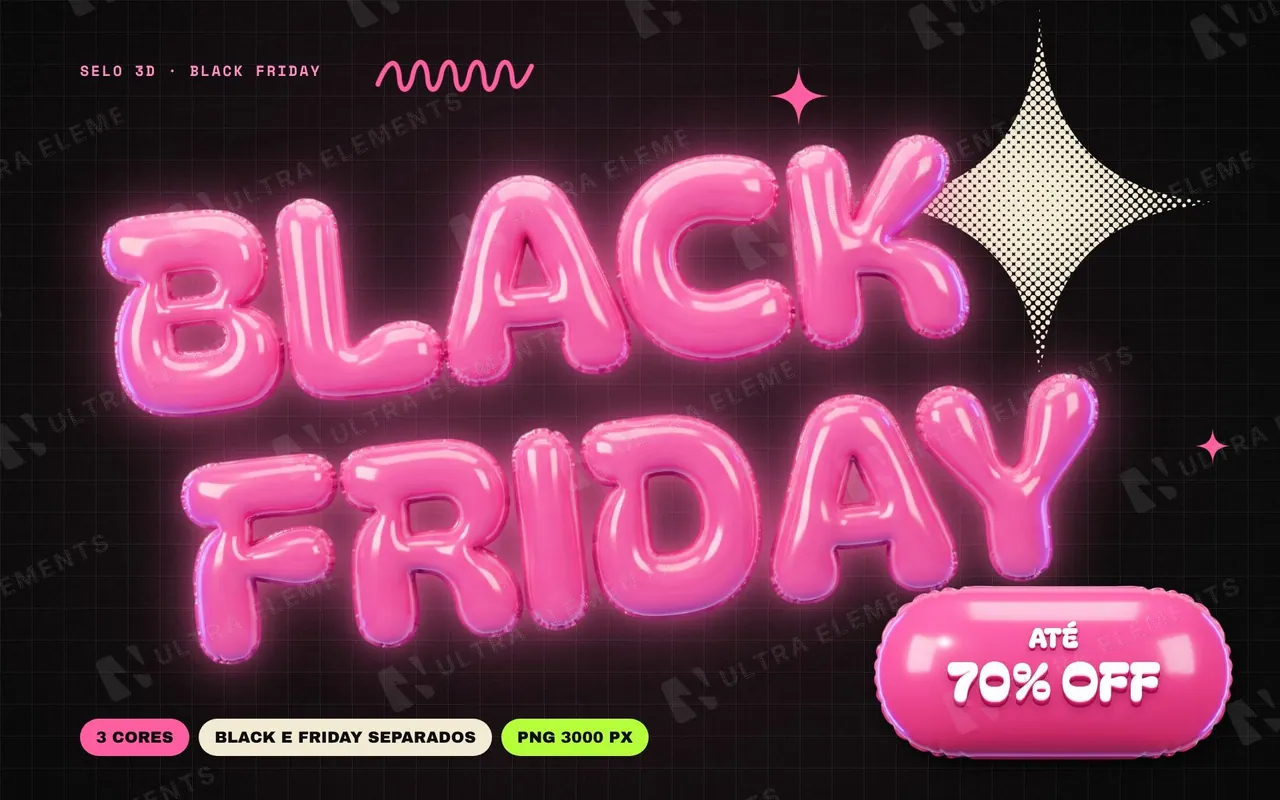 Selo 3D Black Friday em letras infladas rosa, preta e verde (PNG transparente) — imagem 1 de 5