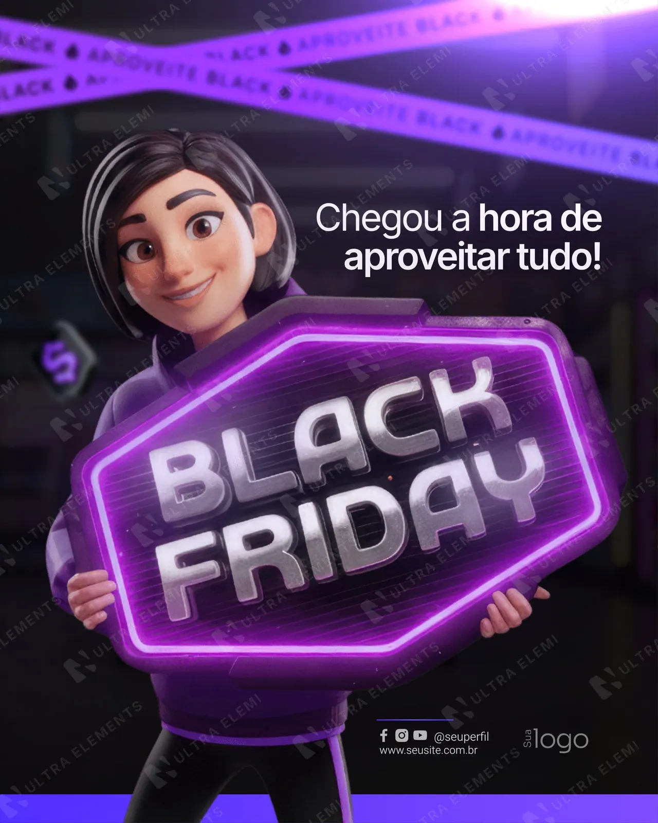 Post Black Friday roxo: mascote 3D com placa neon (feed)