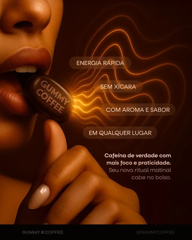 Post bala de café energética: energia rápida sem xícara, close na boca (feed)
