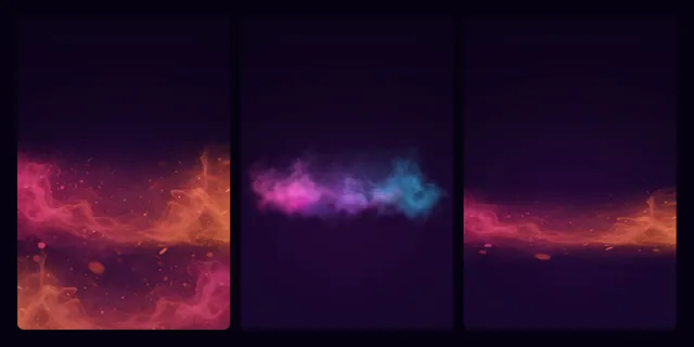 Fumaça neon em PNG transparente: magenta com brasas e magenta para ciano (3 camadas)