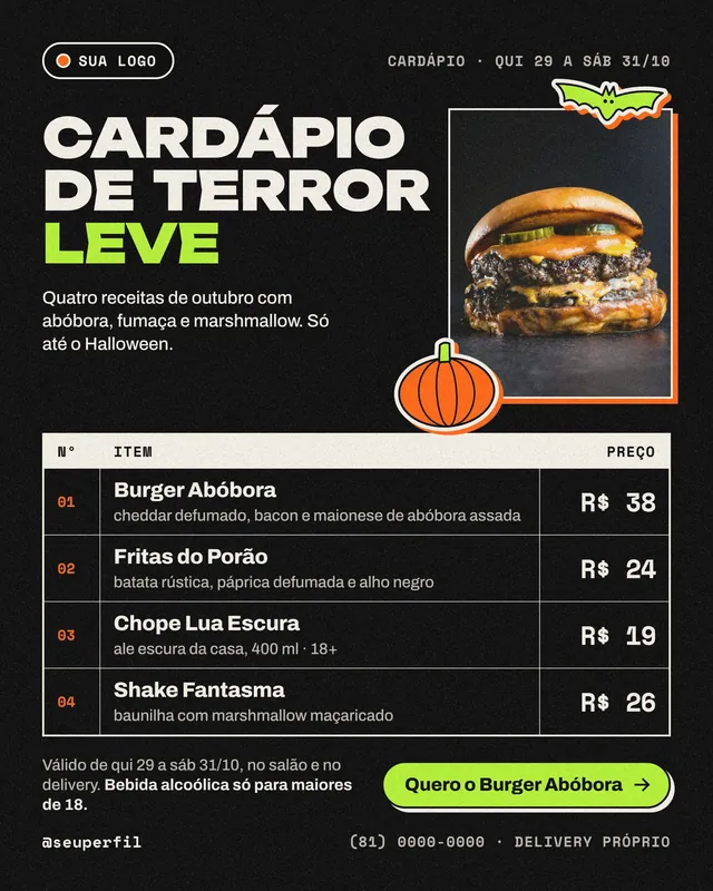 Post Halloween cardápio de terror leve para hamburgueria e bar: 4 itens com descrição e preço (feed)