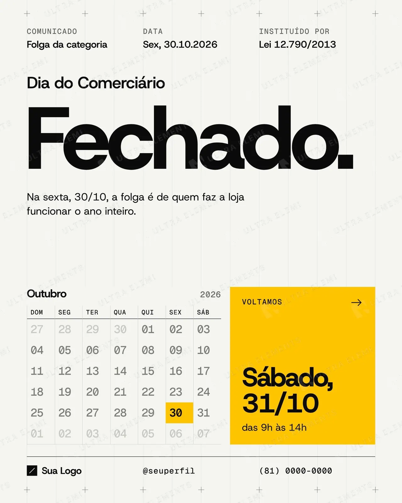 Post e story Comunicado Dia do Comerciário 30/10 ou 19/10: folga com calendário de outubro — imagem 1 de 6