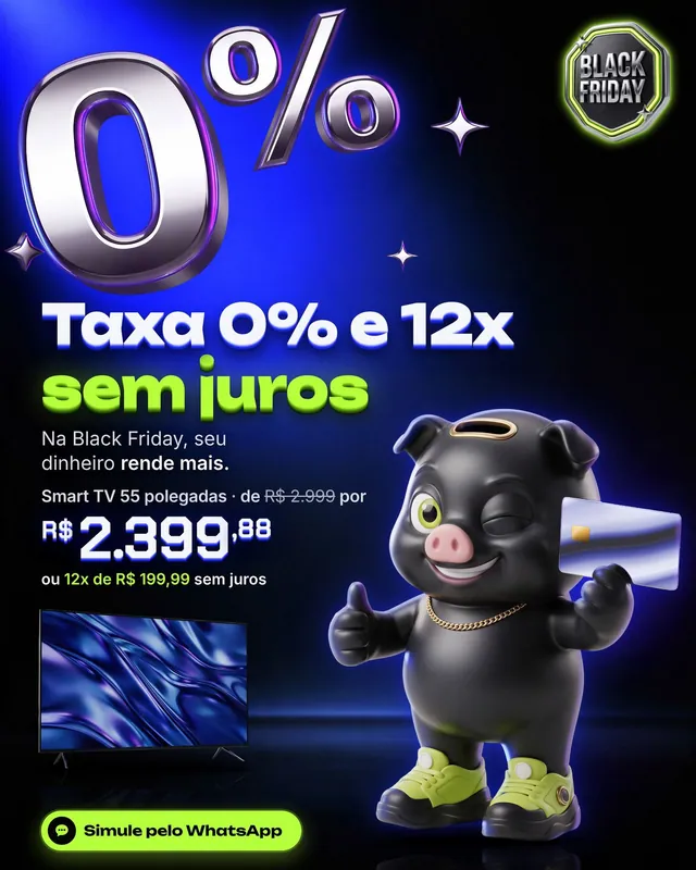 Post Black Friday taxa 0% e 12x sem juros com mascote Cofrinho e cartão cromado (feed e story)