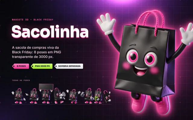 Mascote 3D Sacolinha, sacola de compras com rosto: 8 poses em PNG transparente