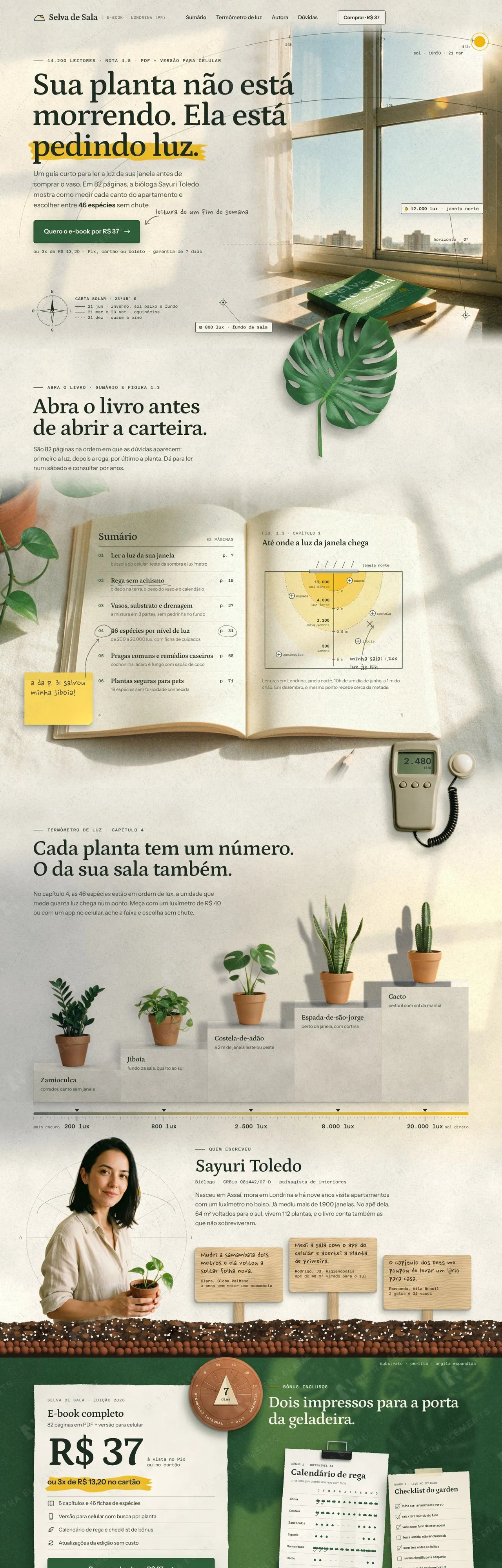 Página de vendas de e-book sobre plantas de apartamento com livro 3D, sumário, bônus e garantia (desktop e mobile) — imagem 1 de 7