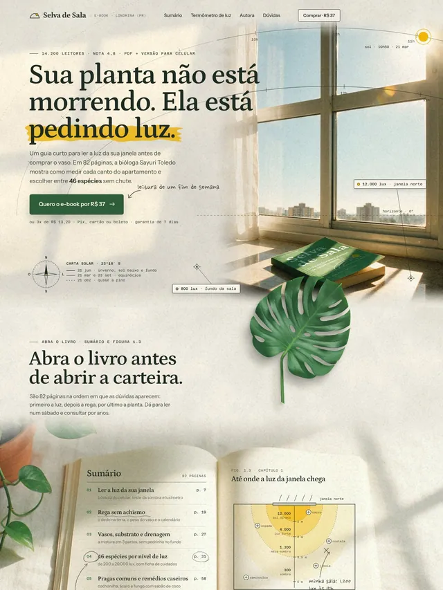 Página de vendas de e-book sobre plantas de apartamento com livro 3D, sumário, bônus e garantia (desktop e mobile)