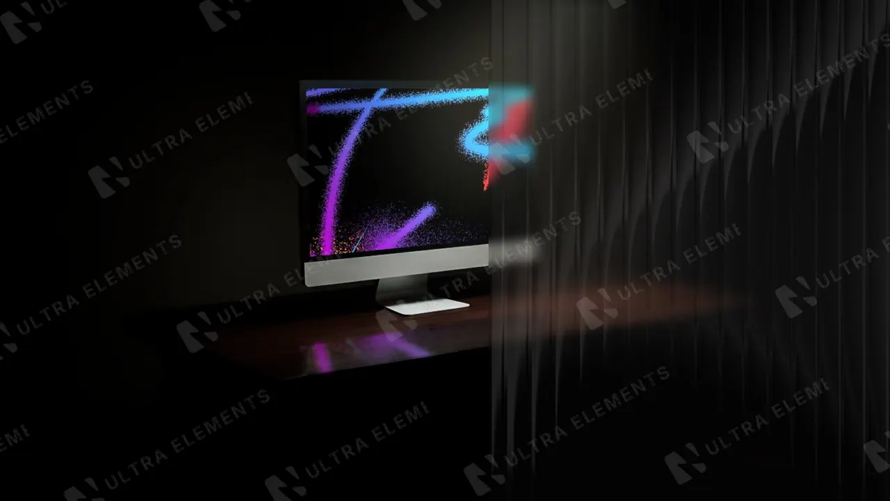 Mockup de monitor estilo iMac em mesa de madeira com vidro canelado — cena escura — imagem 1 de 2
