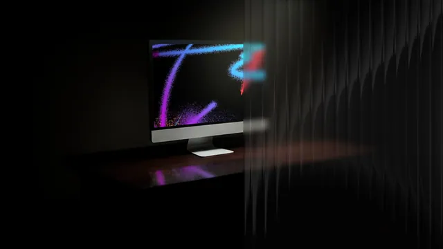 Mockup de monitor estilo iMac em mesa de madeira com vidro canelado — cena escura