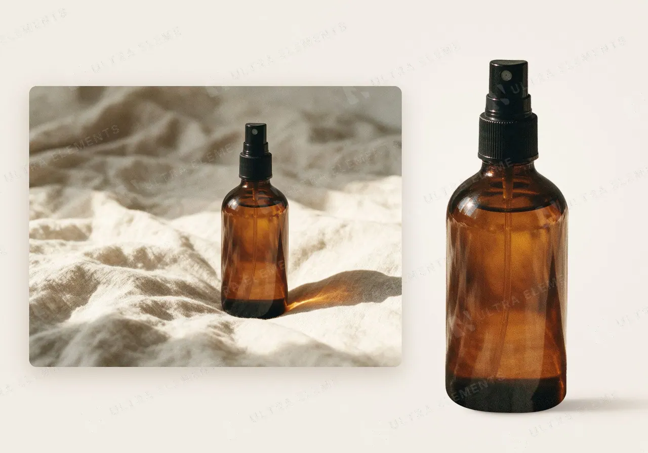 Frasco âmbar com válvula spray sem rótulo sobre linho: foto IA + PNG recortado para mockup — imagem 1 de 3