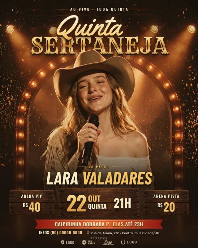Quinta Sertaneja: cantora de chapéu sob o arco de lâmpadas com Arena VIP, Pista e caipirinha dobrada (feed + story)