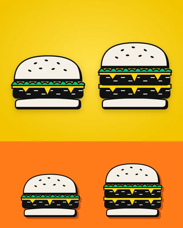 Ilustração de hambúrguer simples e duplo em estilo flat com contorno grosso (PNG + SVG)