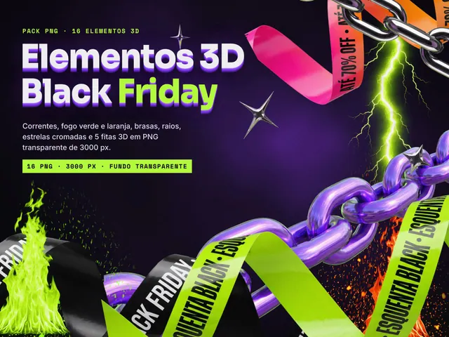 Elementos 3D Black Friday em PNG: correntes, fogo verde e laranja, raios, estrelas cromadas e 5 fitas