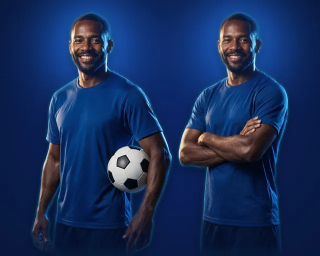 PNG atleta amador de camiseta azul recortado em 2 poses: com bola e de braços cruzados
