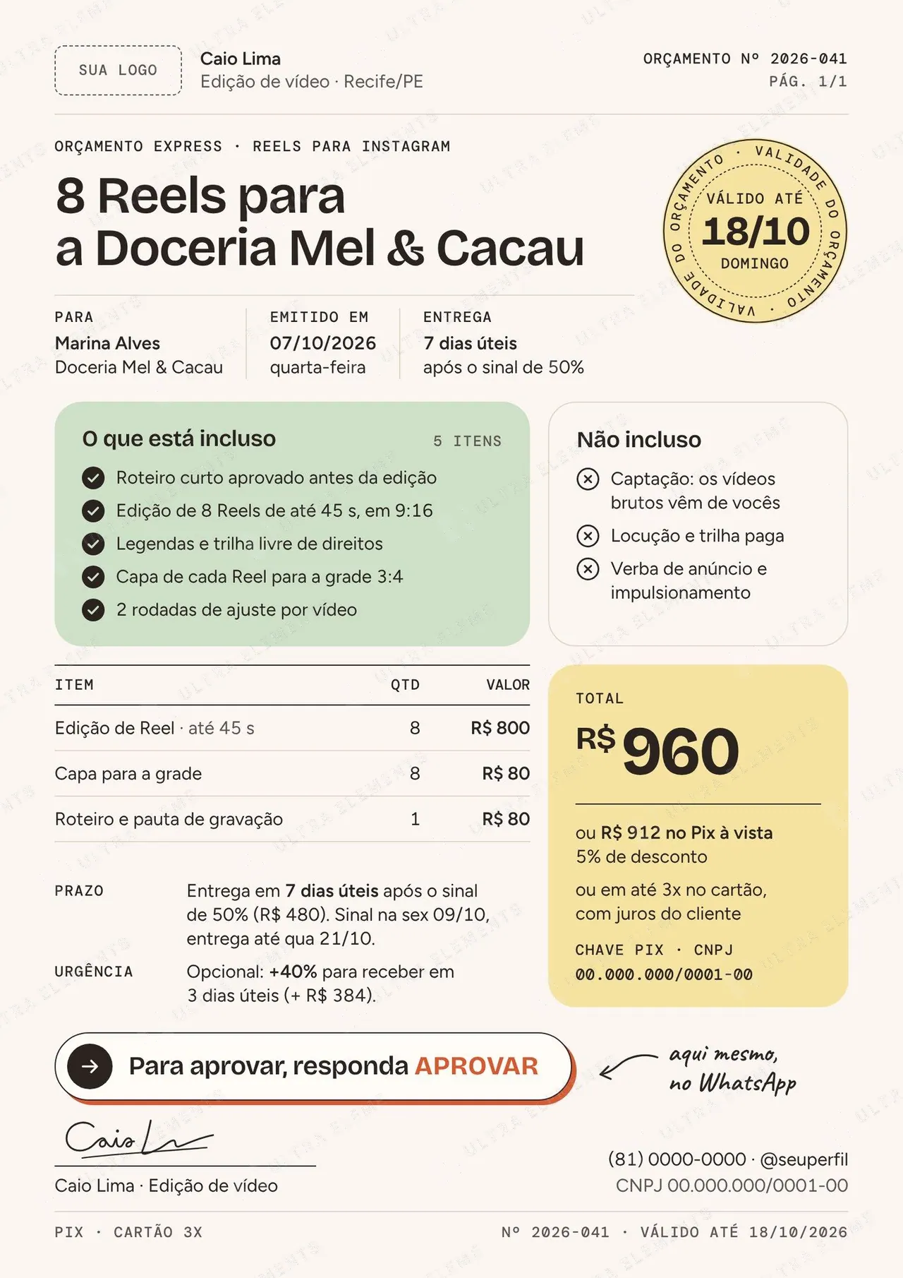Orçamento A4 de 1 página em PDF: com tabela de itens ou valor fechado (soft pastel) — imagem 1 de 4