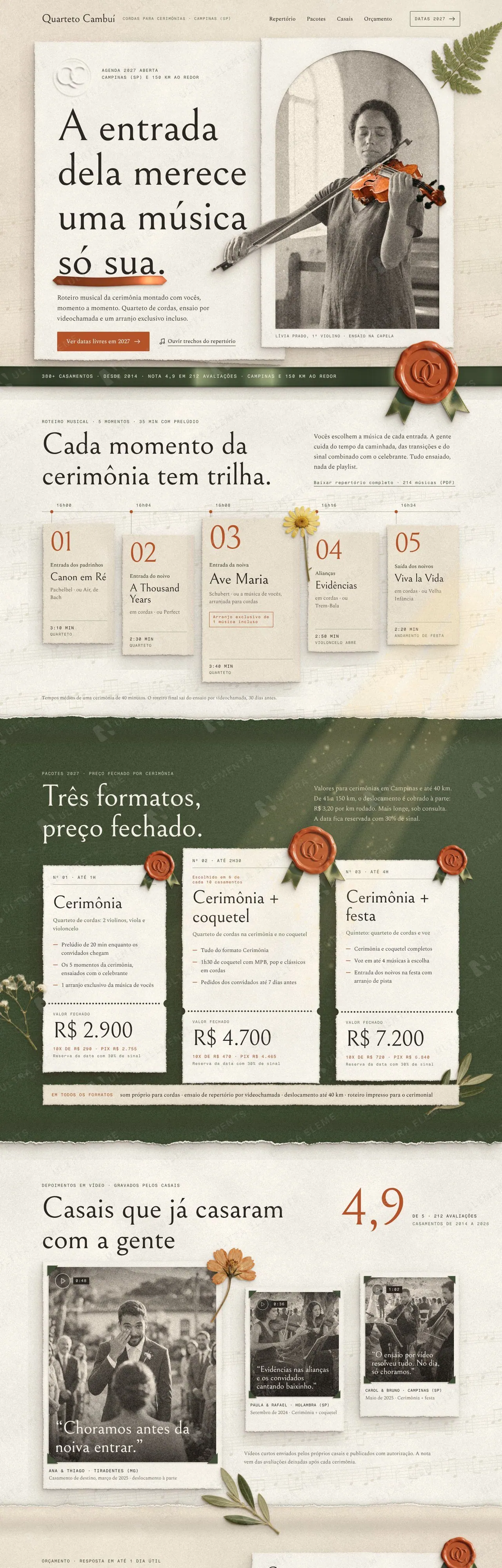 Landing page para quarteto de cordas de casamento com repertório por momento, pacotes e orçamento (desktop e mobile) — imagem 1 de 7