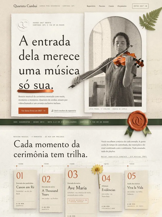 Landing page para quarteto de cordas de casamento com repertório por momento, pacotes e orçamento (desktop e mobile)