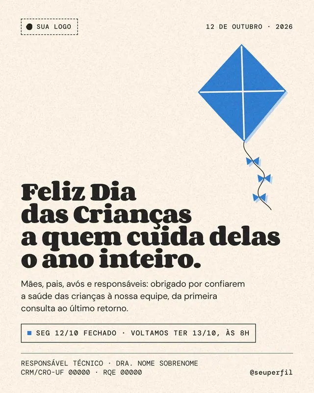 Post Dia das Crianças 12/10 para clínica pediátrica: homenagem sóbria com pipa azul