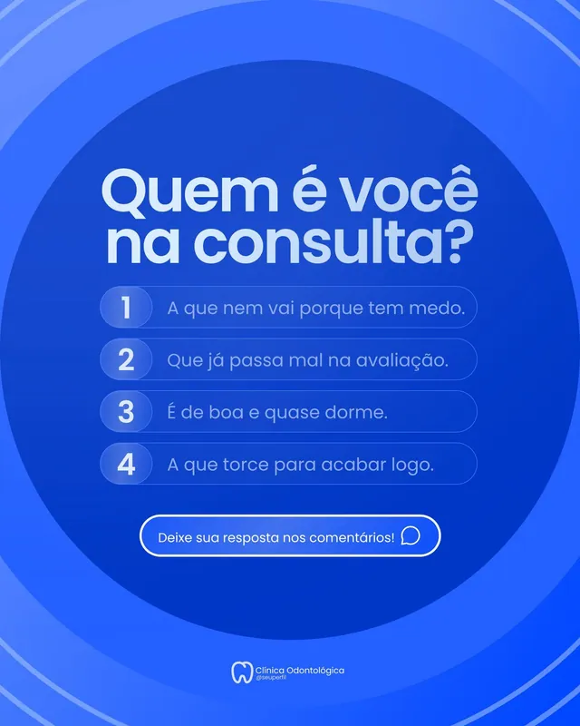 Post interativo para dentista: "Quem é você na consulta?" com 4 opções (feed)