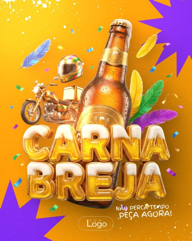 Post Carnaval delivery de cerveja: garrafa 3D Carna Breja com moto e penas em fundo laranja (feed)
