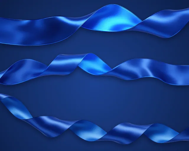 Fita de cetim azul 3D longa e ondulada em PNG: 3 trechos panorâmicos