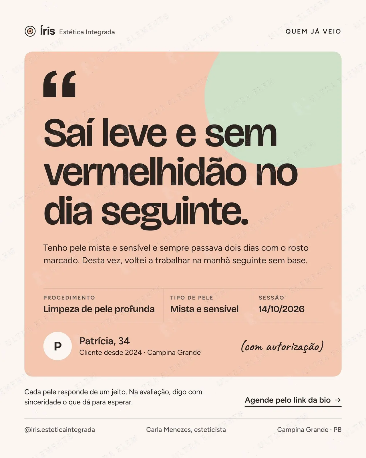 Post de depoimento para estética: citação em bloco pêssego (feed) — imagem 1 de 2