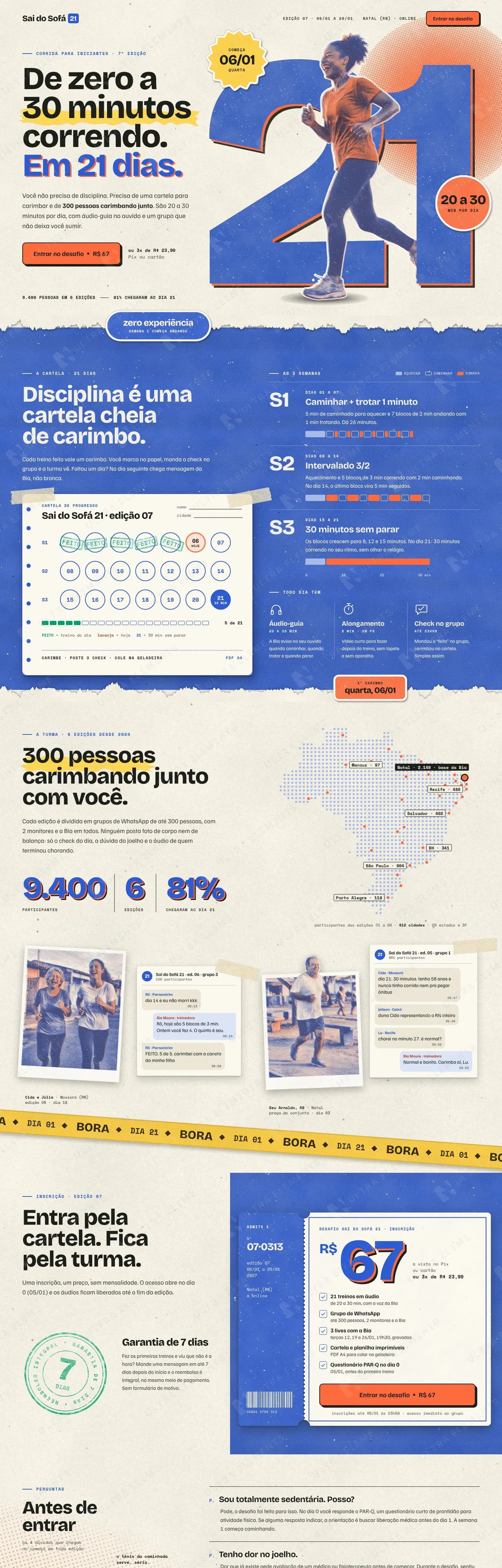 Página de vendas de desafio de 21 dias de corrida para iniciantes com cartela de progresso e grupo (desktop e mobile) — imagem 1 de 7