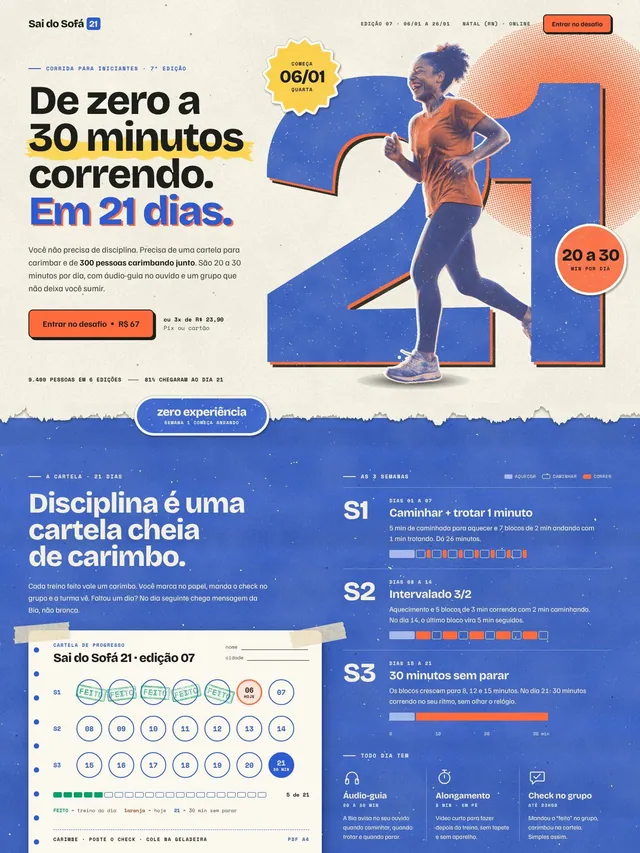 Página de vendas de desafio de 21 dias de corrida para iniciantes com cartela de progresso e grupo (desktop e mobile)