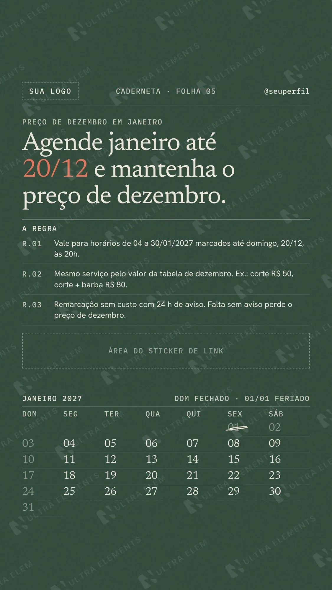 Story Agende janeiro com preço de dezembro para barbearia e salão: regras e calendário 2027 — imagem 1 de 2