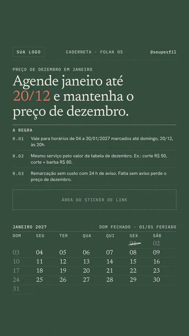 Story Agende janeiro com preço de dezembro para barbearia e salão: regras e calendário 2027
