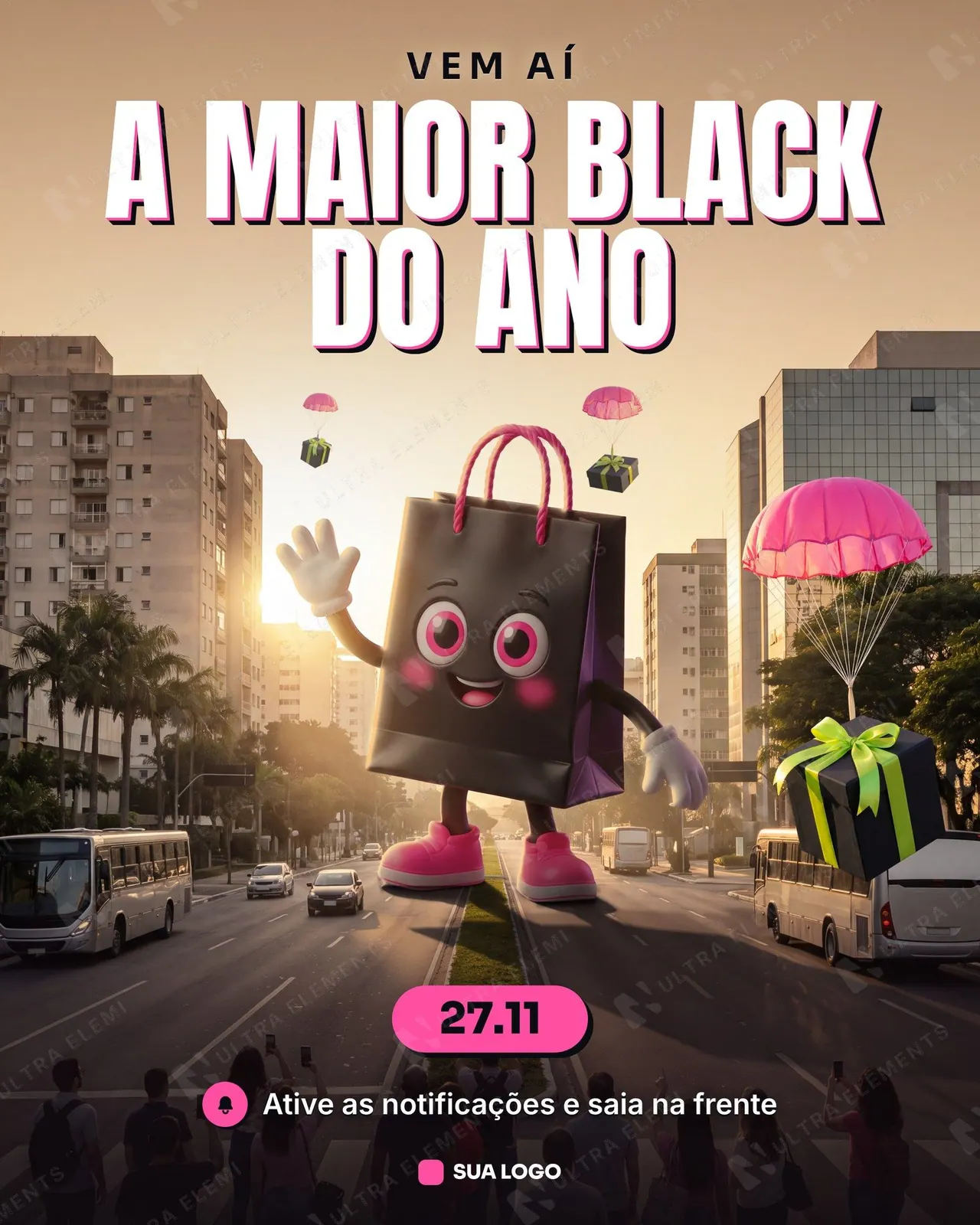 Post Vem aí Black Friday com mascote 3D Sacolinha gigante na avenida e paraquedas de presente, manipulação urbana (feed, story e reels) — imagem 1 de 4