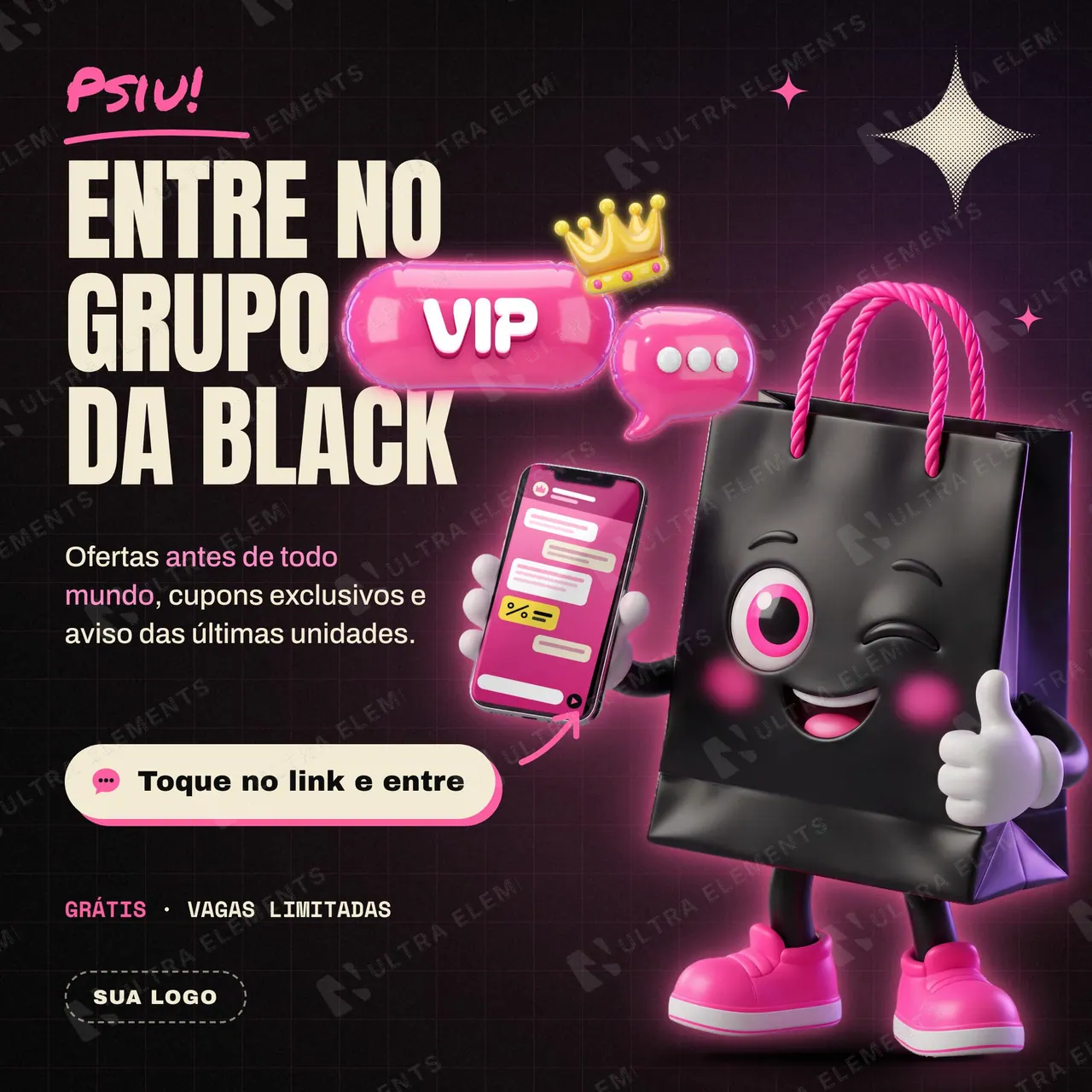 Kit WhatsApp Black Friday grupo VIP com mascote 3D Sacolinha: post, status, moldura de perfil e foto do grupo — imagem 1 de 5