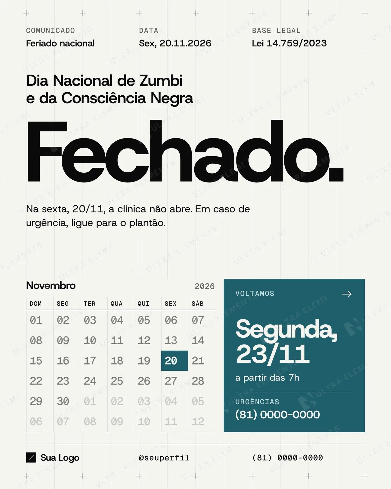 Post e story Comunicado de feriado Consciência Negra 20/11: calendário de novembro para clínicas — imagem 1 de 5
