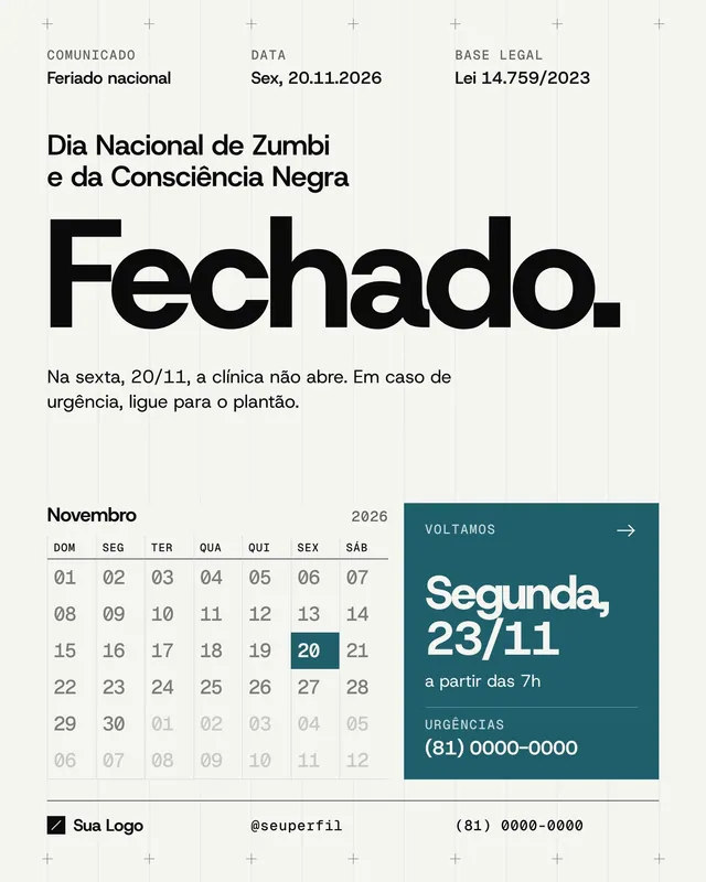 Post e story Comunicado de feriado Consciência Negra 20/11: calendário de novembro para clínicas