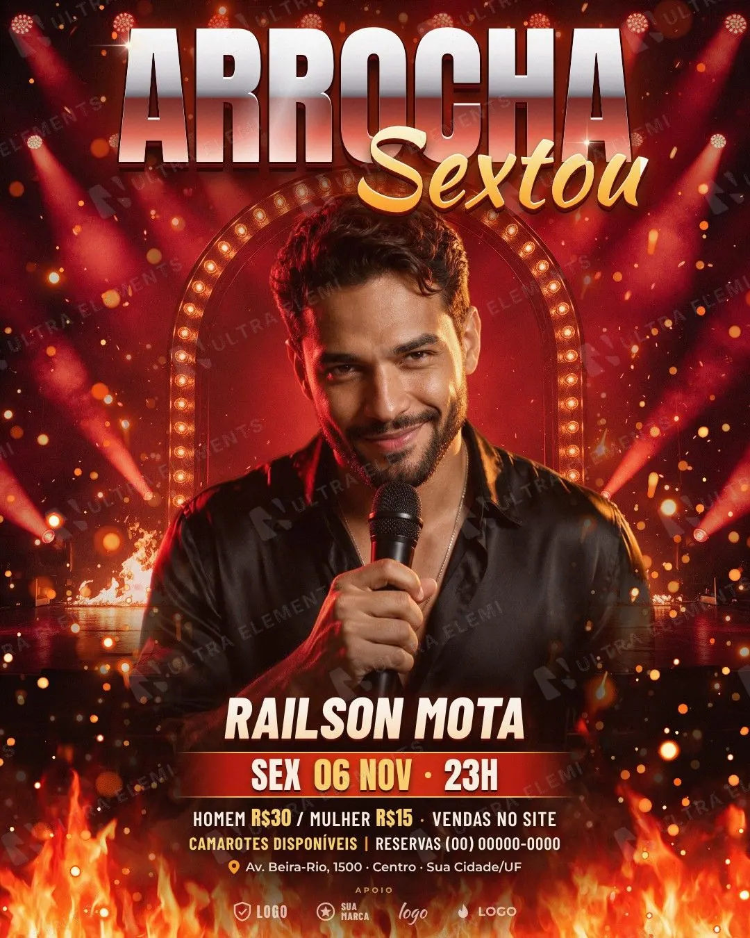 Arrocha Sextou: cantor com microfone sob o arco de lâmpadas vermelho, fogo e título cromado (feed + story) — imagem 1 de 5