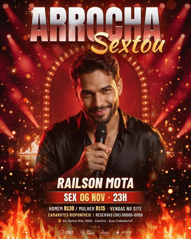 Arrocha Sextou: cantor com microfone sob o arco de lâmpadas vermelho, fogo e título cromado (feed + story)