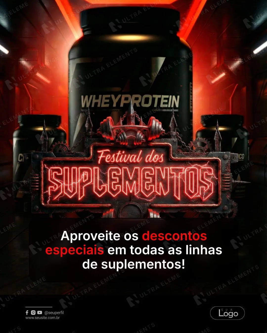 Post Festival dos Suplementos: letreiro neon vermelho e pote de whey (feed)