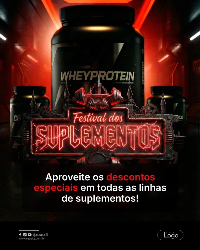 Post Festival dos Suplementos: letreiro neon vermelho e pote de whey (feed)