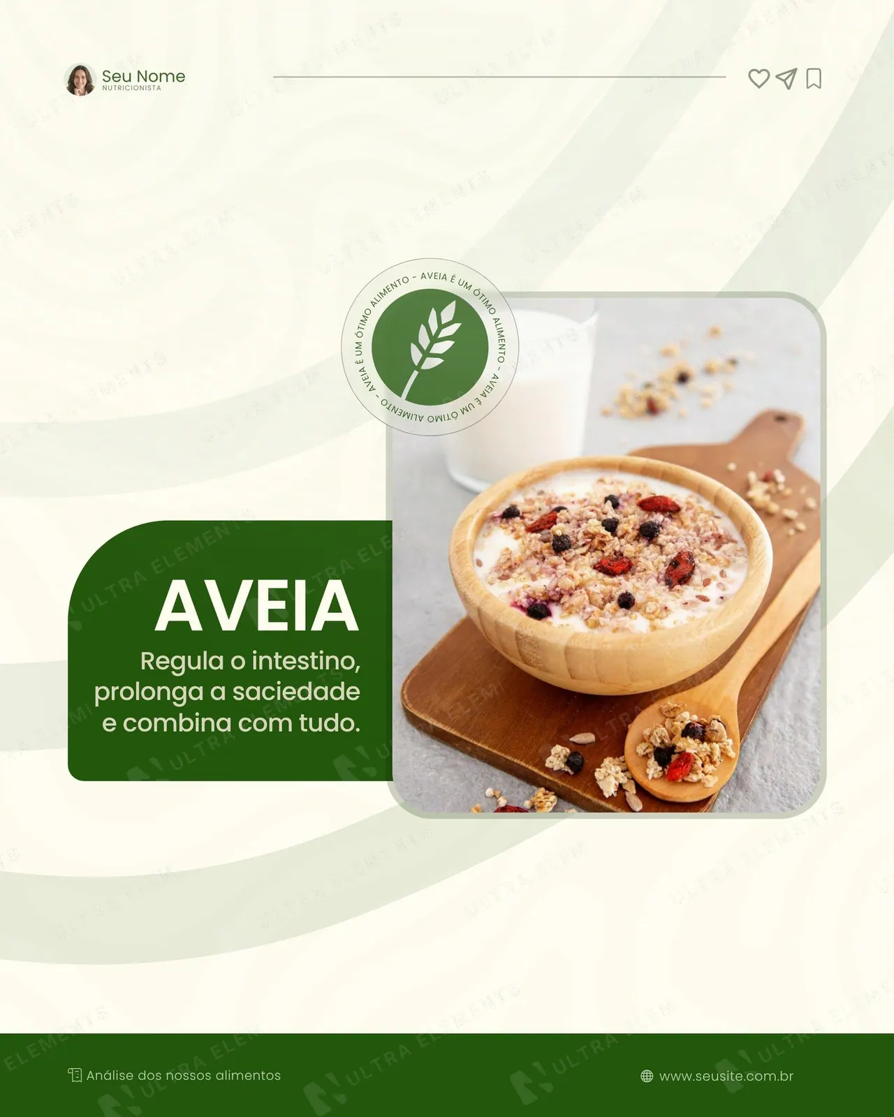 Post nutricionista: Aveia com selo circular e foto da tigela (feed)