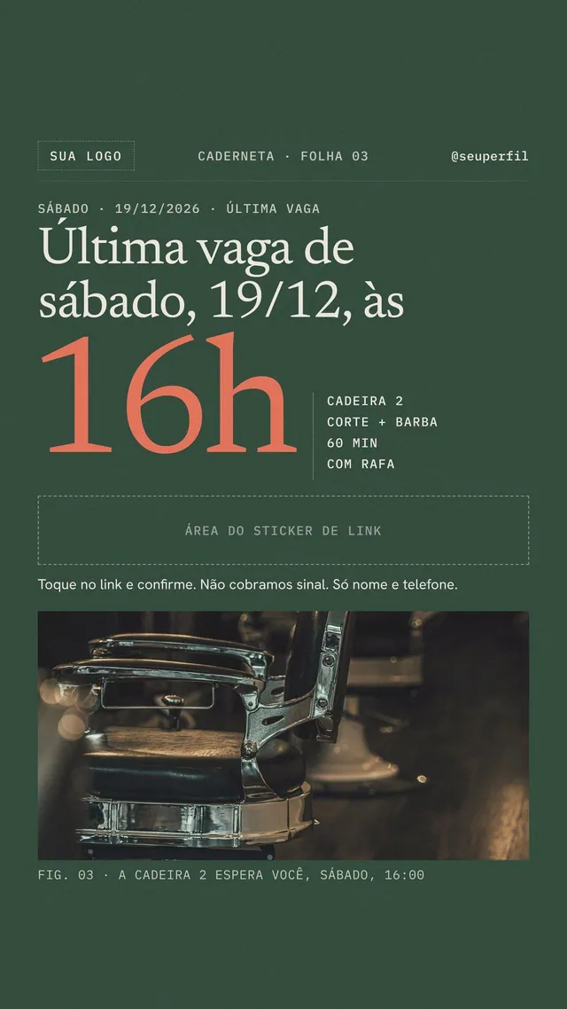 Story Última vaga de sábado 19/12 às 16h para barbearia e salão, com área do sticker de link