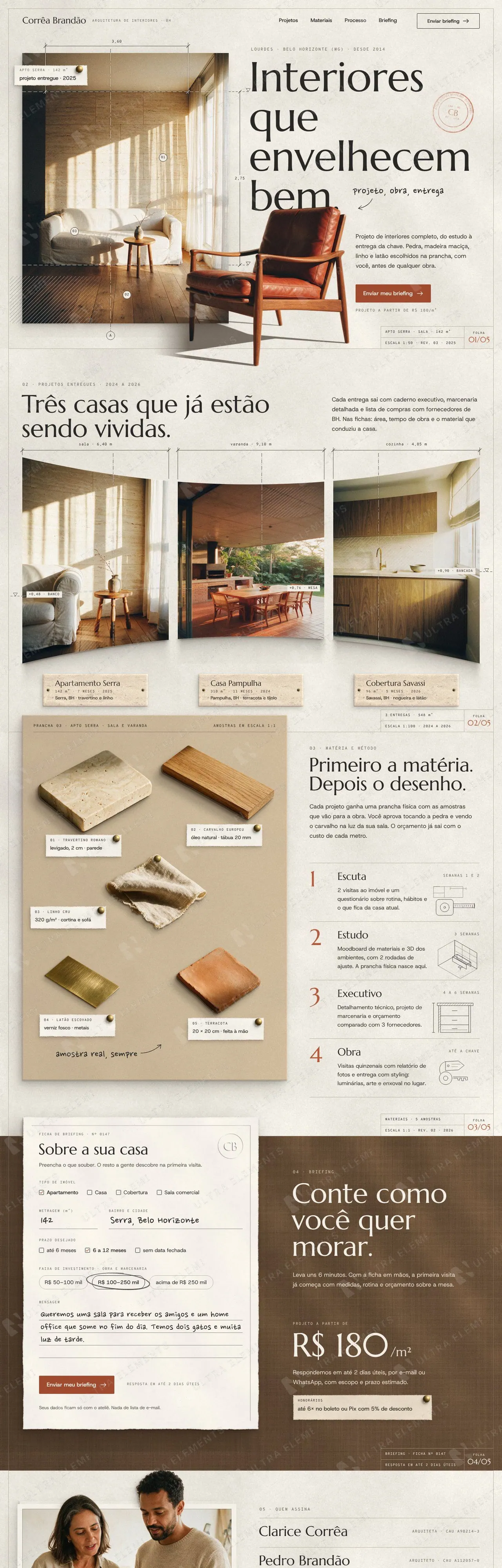 Landing page para arquitetura de interiores com projetos, prancha de materiais, processo e briefing (desktop e mobile) — imagem 1 de 8