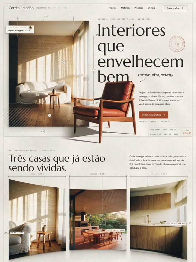 Landing page para arquitetura de interiores com projetos, prancha de materiais, processo e briefing (desktop e mobile)
