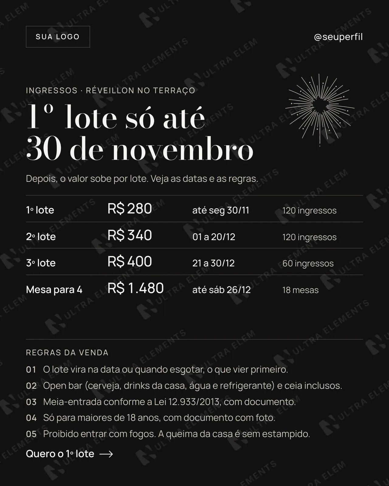 Post Réveillon lotes de ingresso: 1º lote até 30/11, tabela de preços e regras da venda (feed) — imagem 1 de 2