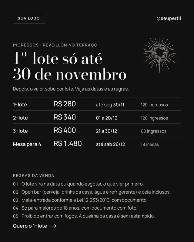 Post Réveillon lotes de ingresso: 1º lote até 30/11, tabela de preços e regras da venda (feed)